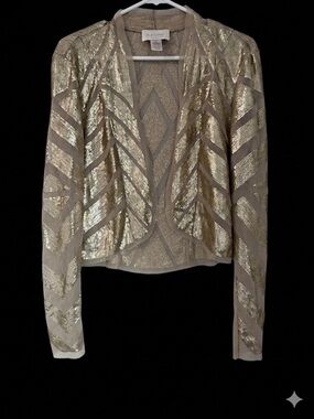 Caché Gold Sequin Mesh Open Front Cardigan Jacket Chevron Geometric Holiday S